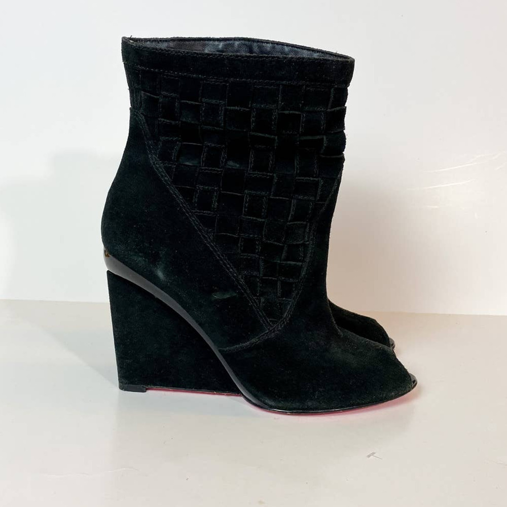 Betsey Johnson Black Suede Peep Toe Skinny Wedge Booties - Picture 5 of 9